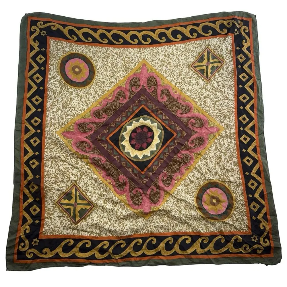 VTG‎ Pure Silk Scarf Paisley Hand Rolled Edge 32.5” Boho Indie Mandala Funky